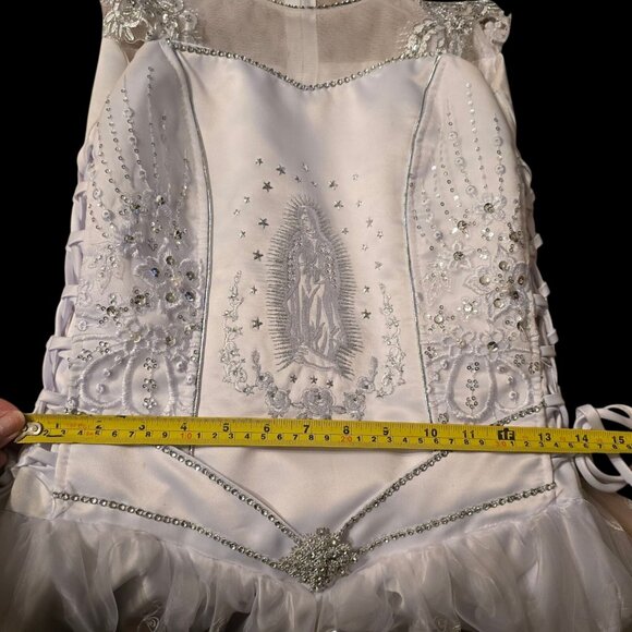 Tip Top Kids Quinceañera Dress Virgin Mary Sz 14 White Embroidery Rhinestones - Picture 8 of 12